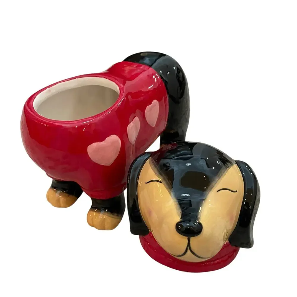 NEW Valentine's Dog Dachshund Cookie Jar Red Sweater Pink Hearts Hand Painted
